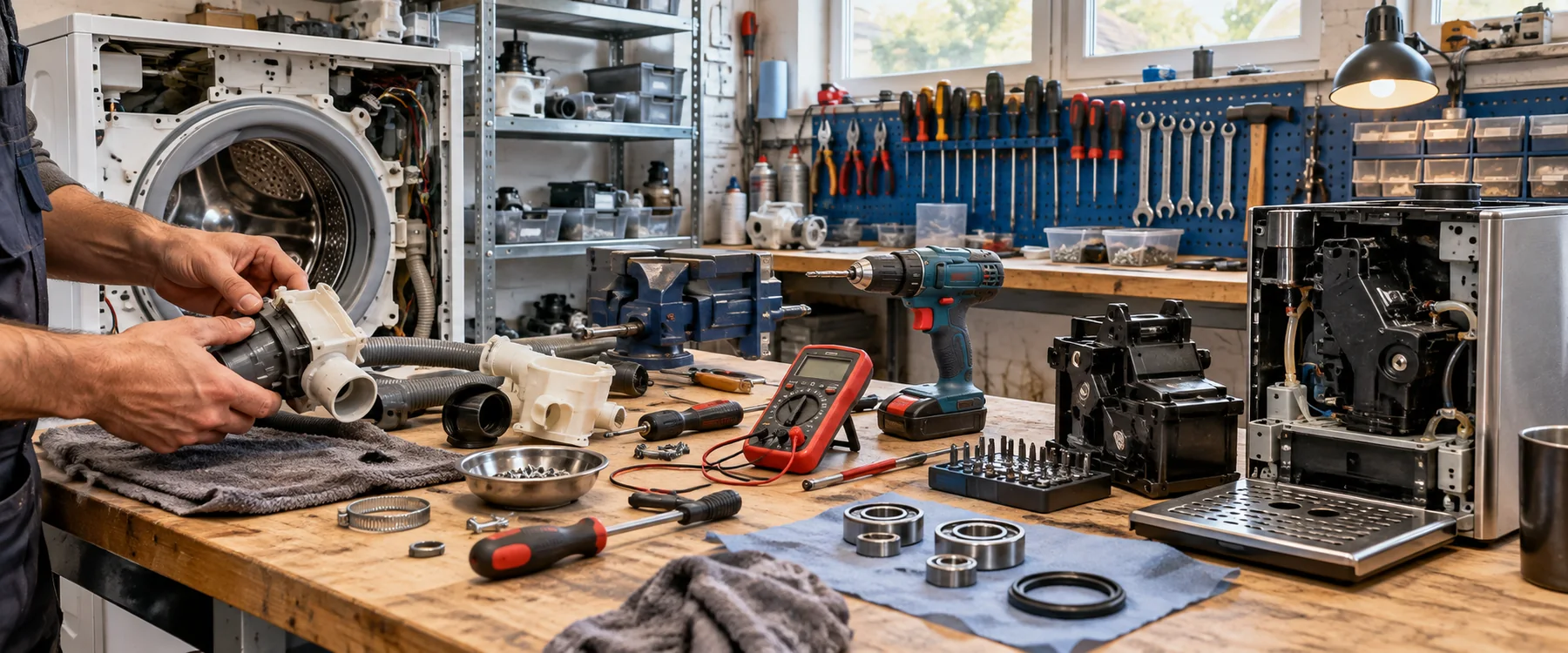 Offene Reparaturwerkbank mit Haushaltsgerät, Elektrowerkzeugen und sortierten Bauteilen