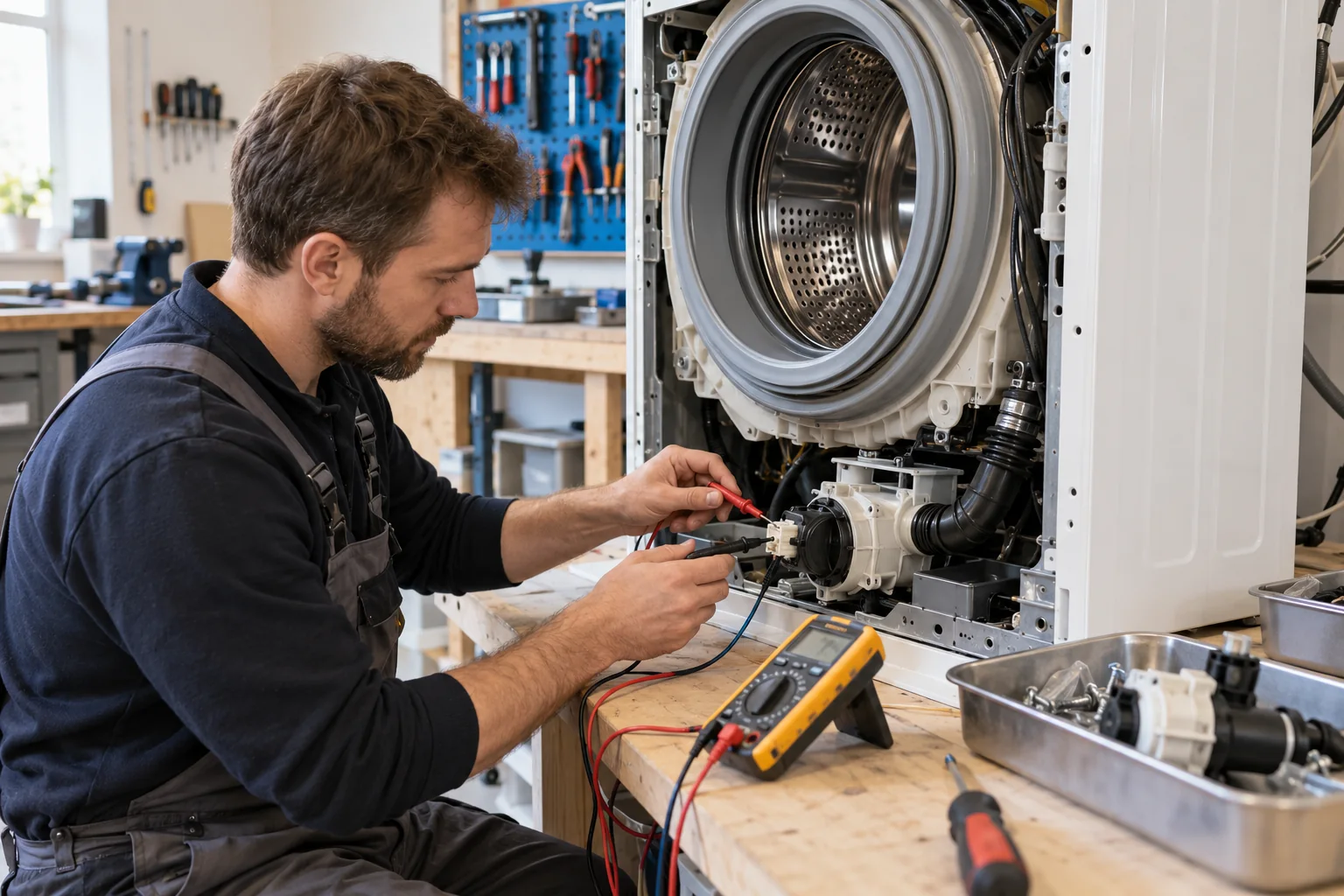 Techniker prüft eine Waschmaschine an einer offenen Werkbank
